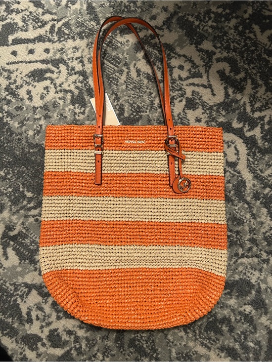 Michael Kors Handbags - Michael Kors Orange and Cream Striped Straw Tote with Leather Straps